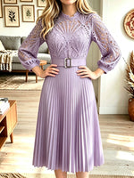Women Lace Long‑Sleeve Belted Pleated Midi Dress
