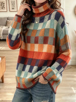 Retro Plaid Pattern Art Casual Knit Turtleneck Stylish Long Sleeve Sweater