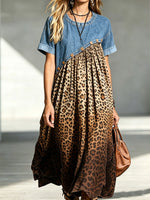Women's Short Sleeve Denim Spliced Gradient Leopard Print Midi Dress