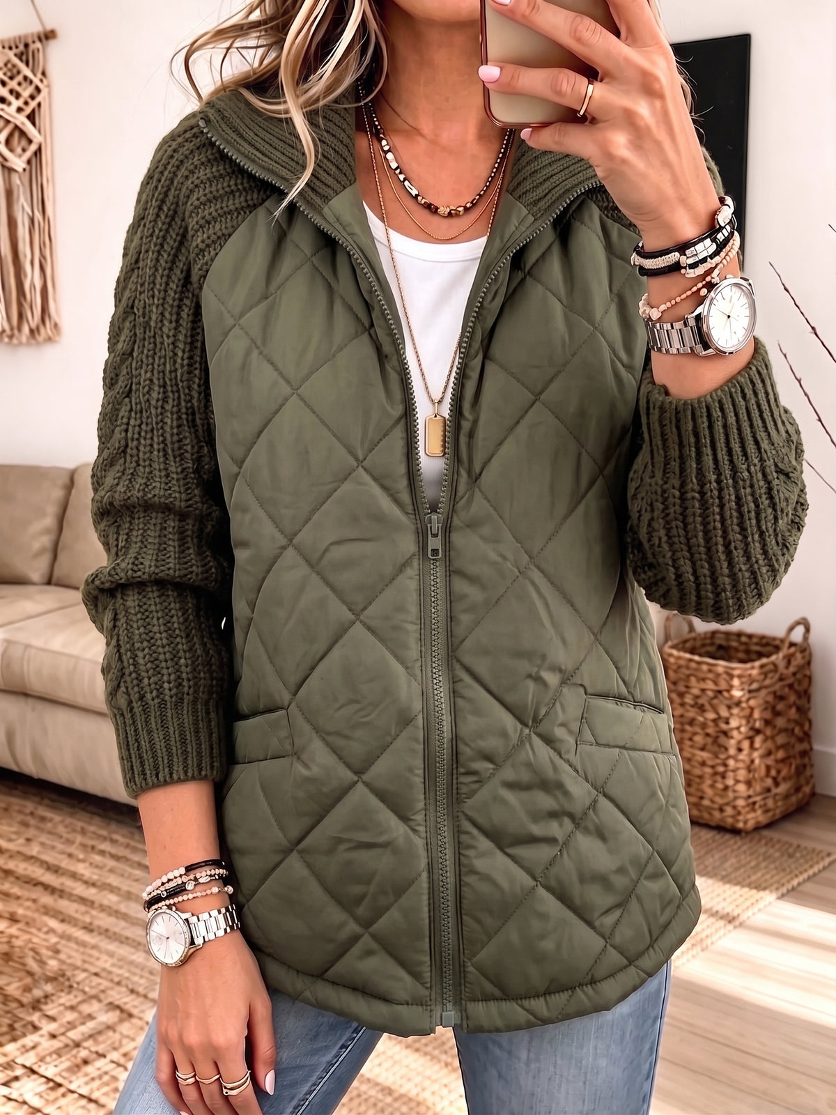 Women Quilted Knit Splice Zip‑Up Jacket, Stand Collar Mixed Media Casual Outerwear With Pockets