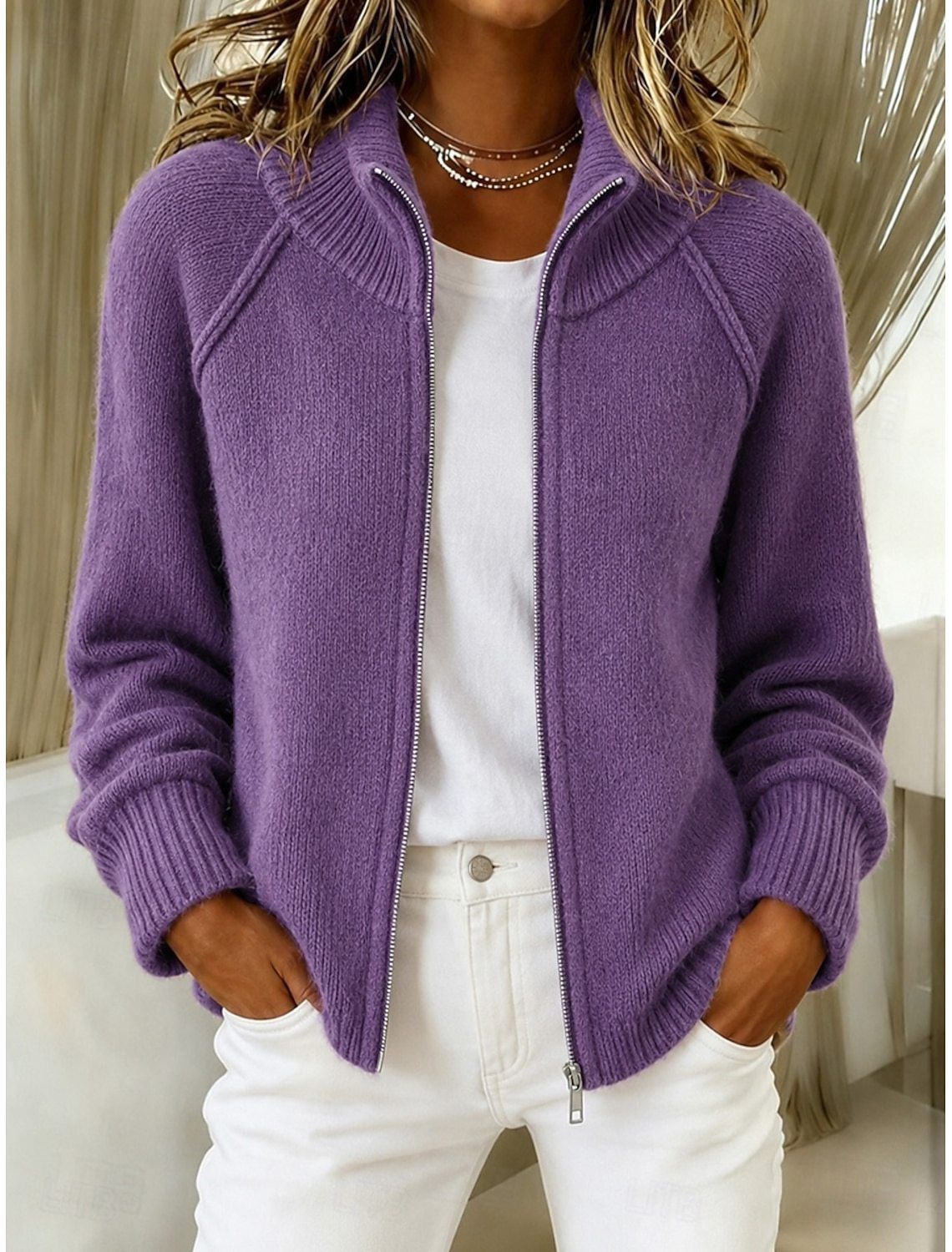Women Stand Collar Full‑Zip Raglan Sleeve Chunky Knit Cardigan Jacket