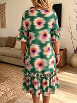 Green Ikat Print Ruffle Sleeve Midi Dress With Pockets