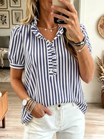 Retro Stripe Pattern Art Ruffle Casual Stylish Short Sleeve Shirt