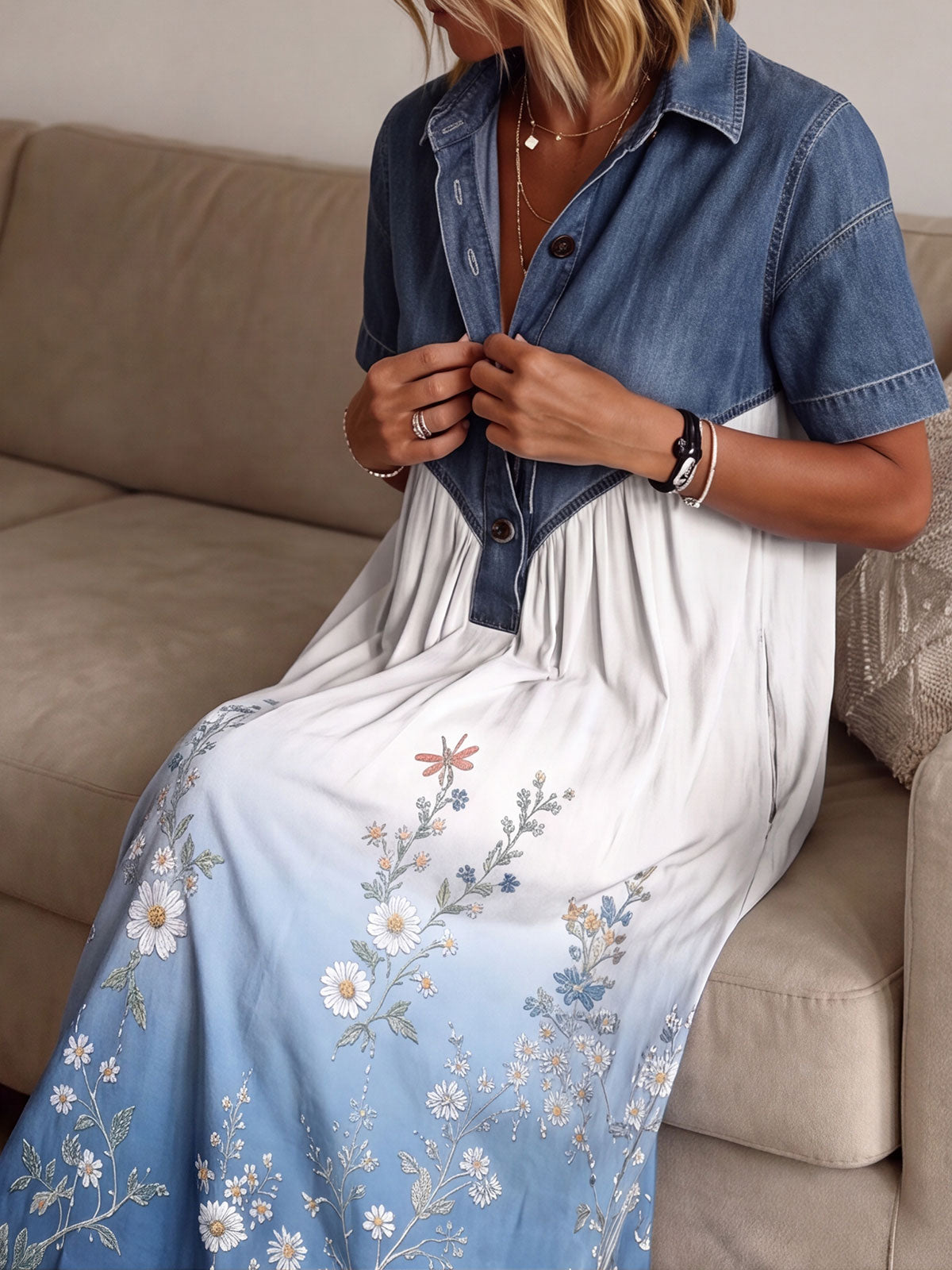 Women’s Denim Spliced Gradient Floral Dragonfly Print Loose Midi Dress With Pockets