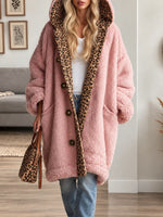 Women's Leopard Print Plush Warm Hooded Long Coat