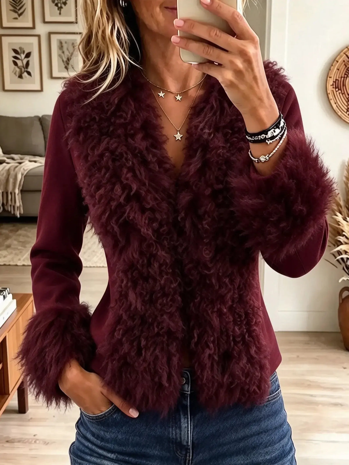 Women's Shaggy Faux Fur Trim Fitted Coat