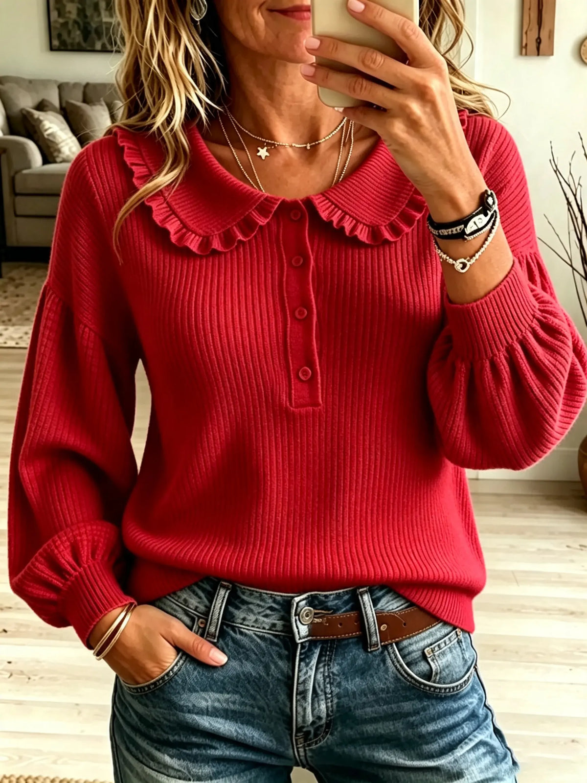 Women's Ruffled Collar Ribbed Knit Sweater