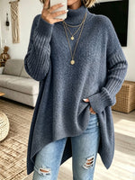 Women Oversized Turtleneck Asymmetric Hem Loose Knit Sweater