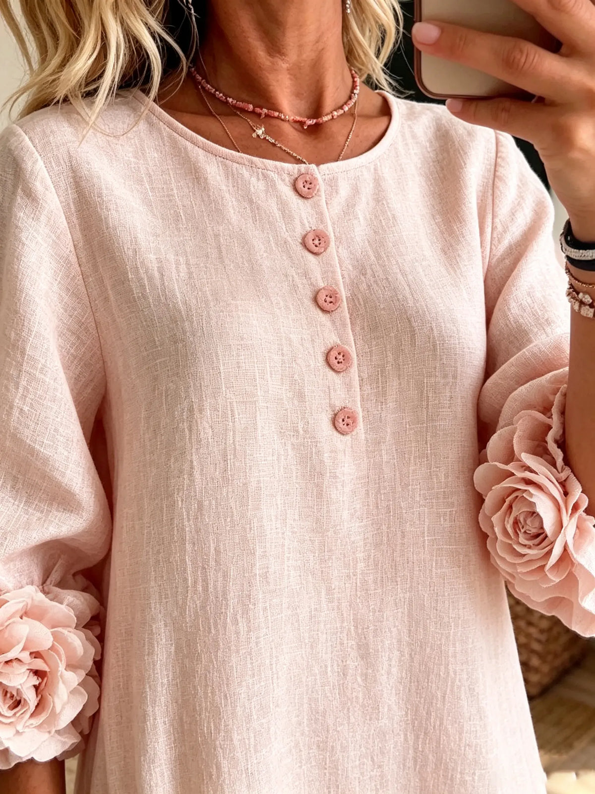 Women's 3D Floral Cuff Linen Midi Dress