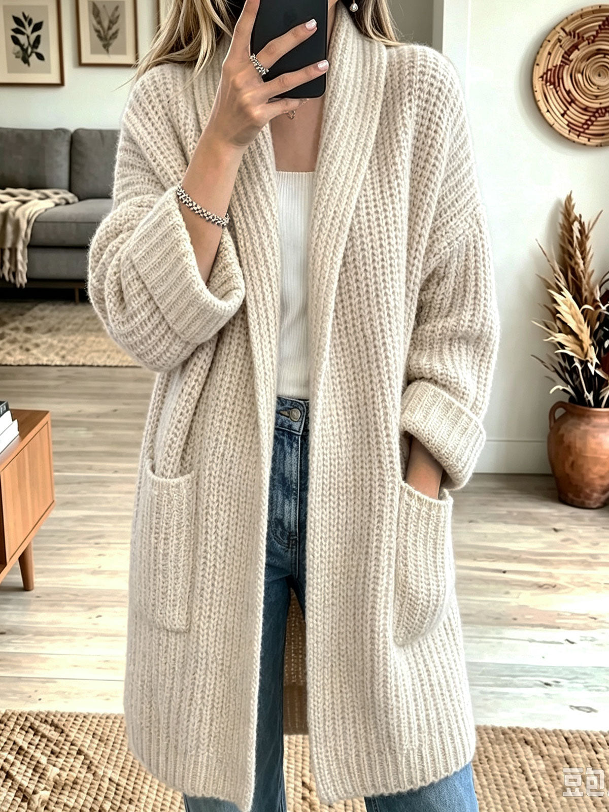 Women Shawl Collar Waffle Knit Open‑Front Mid‑Length Cardigan With Pockets