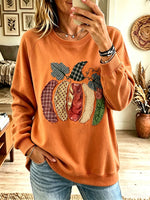 Women Patchwork Pumpkin Applique Crewneck Fall Sweatshirt
