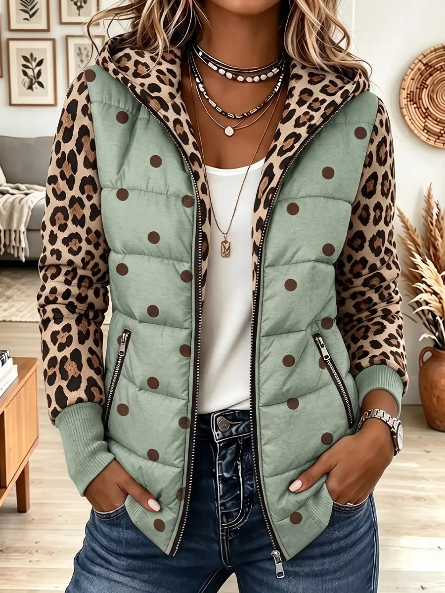 Vintage Elegant Leopard Print Patchwork Quilted Winter Jacket