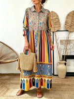 Women's Stripe Paisley Patchwork Print Collared Long Sleeve Maxi Dress