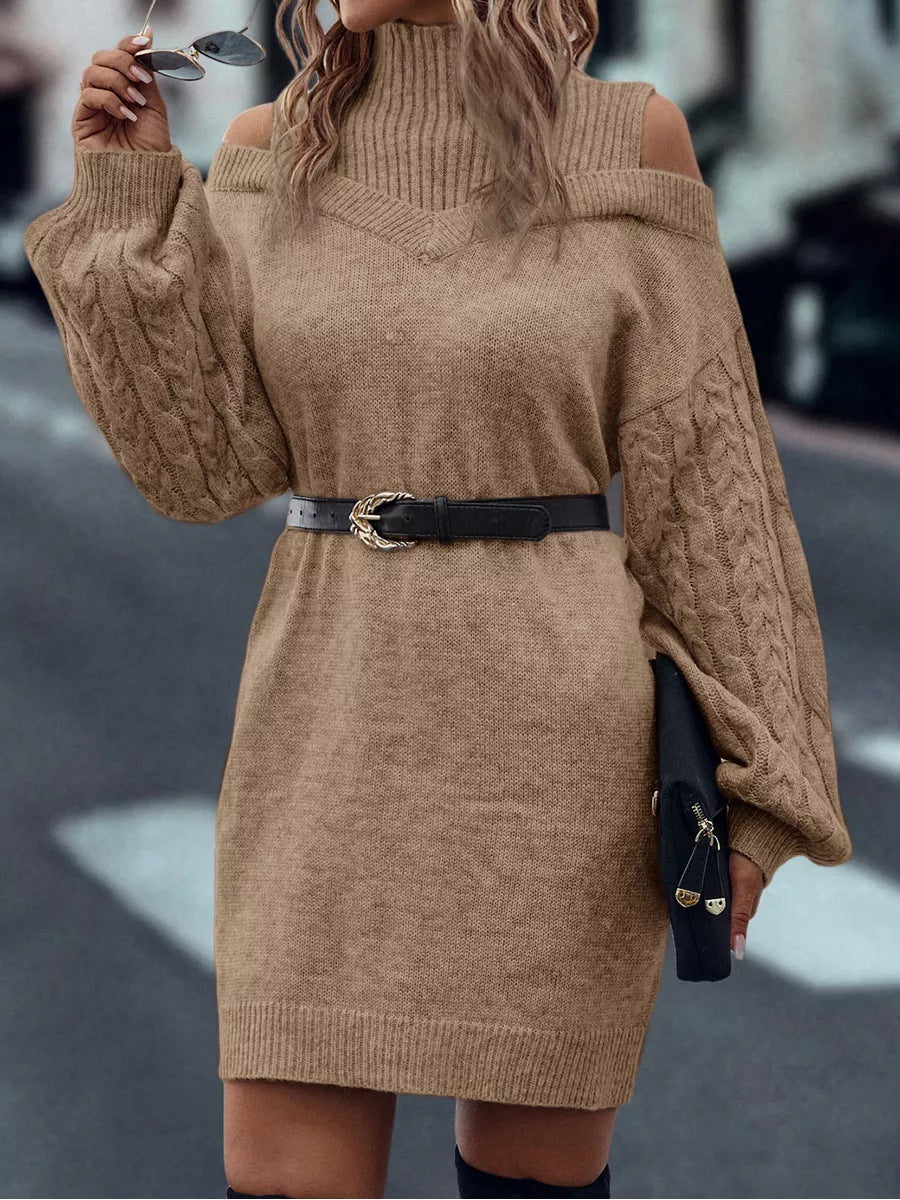 Mock Neck Cold Shoulder Cable Knit Sweater Dress Long Sleeve Mini Dress