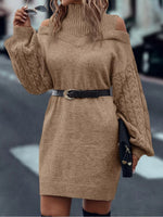 Mock Neck Cold Shoulder Cable Knit Sweater Dress Long Sleeve Mini Dress
