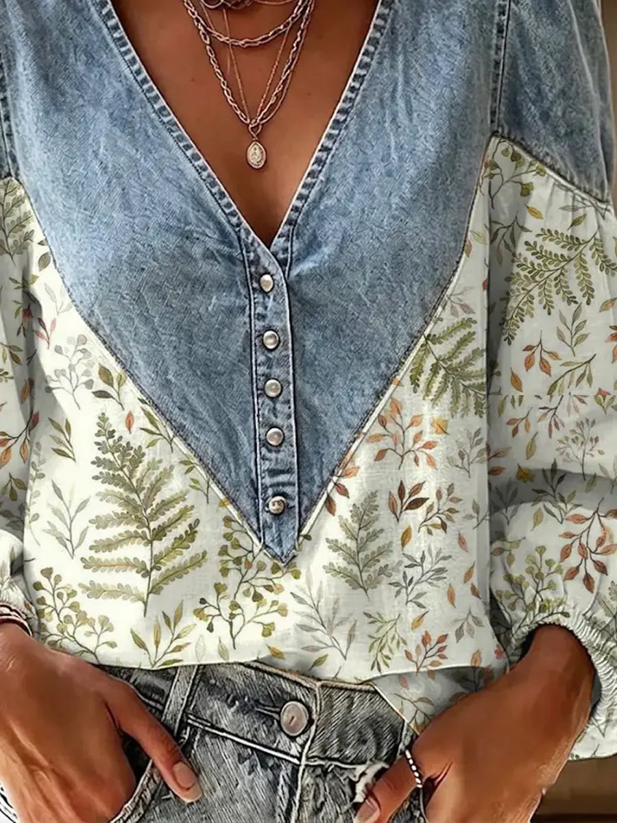 Retro Floral Pattern Art Print Casual Stylish Denim Patchwork Long Sleeve Shirt