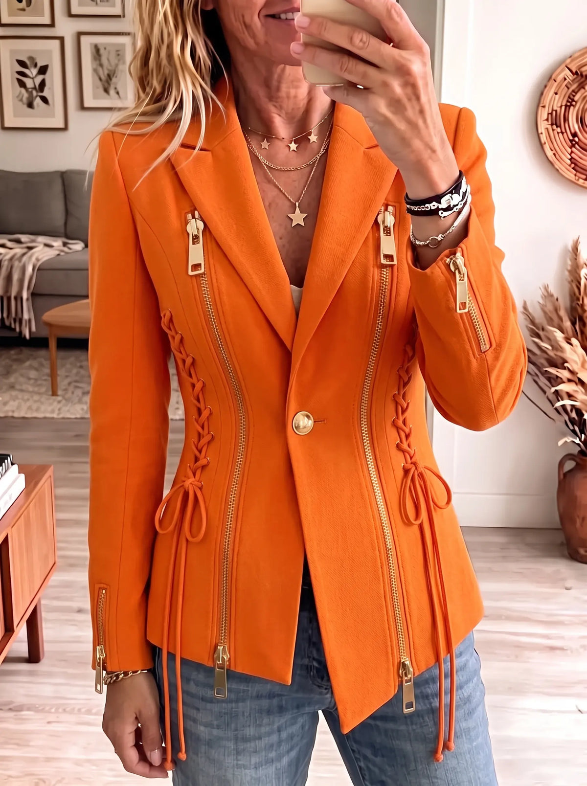 Women's Vibrant Orange Lace-Up Corset Blazer
