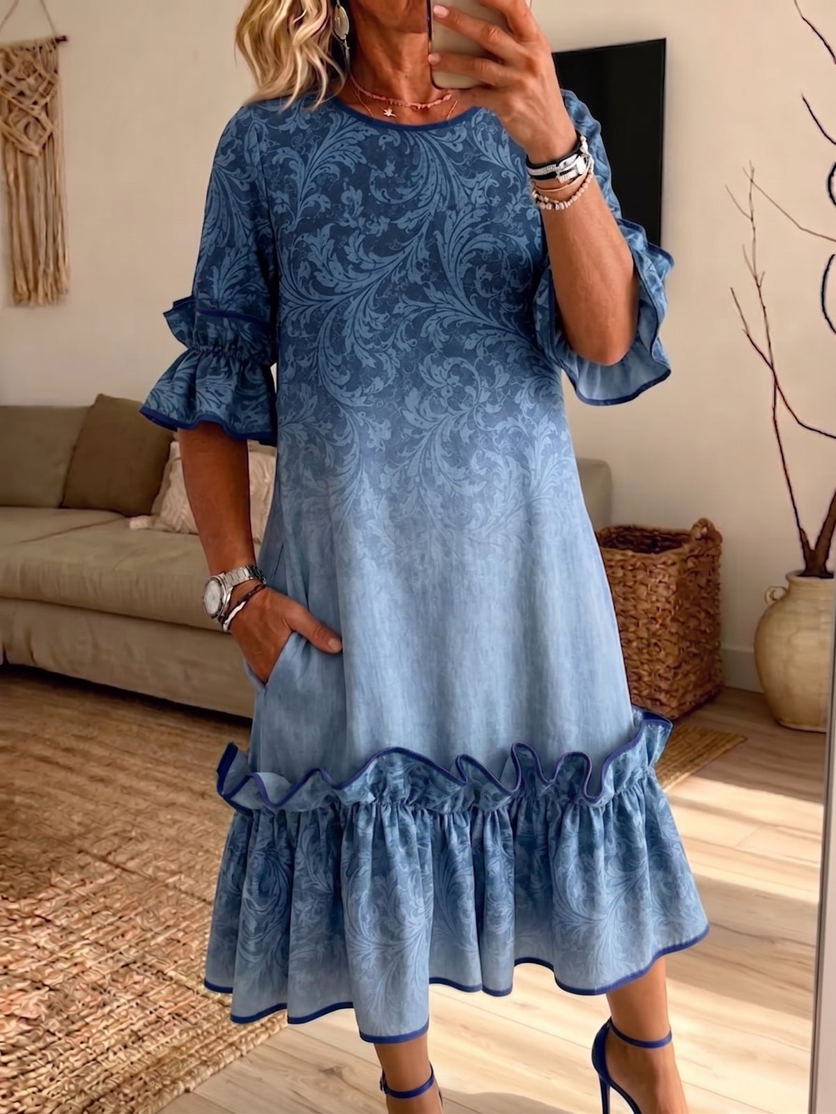 Women Gradient Floral Ruffle Midi Dress Casual Loose Short Sleeve Dress With Pockets