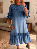 Women Gradient Floral Ruffle Midi Dress Casual Loose Short Sleeve Dress With Pockets