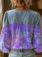 Retro Floral Pattern Art Print Casual Stylish Denim Patchwork Long Sleeve Shirt