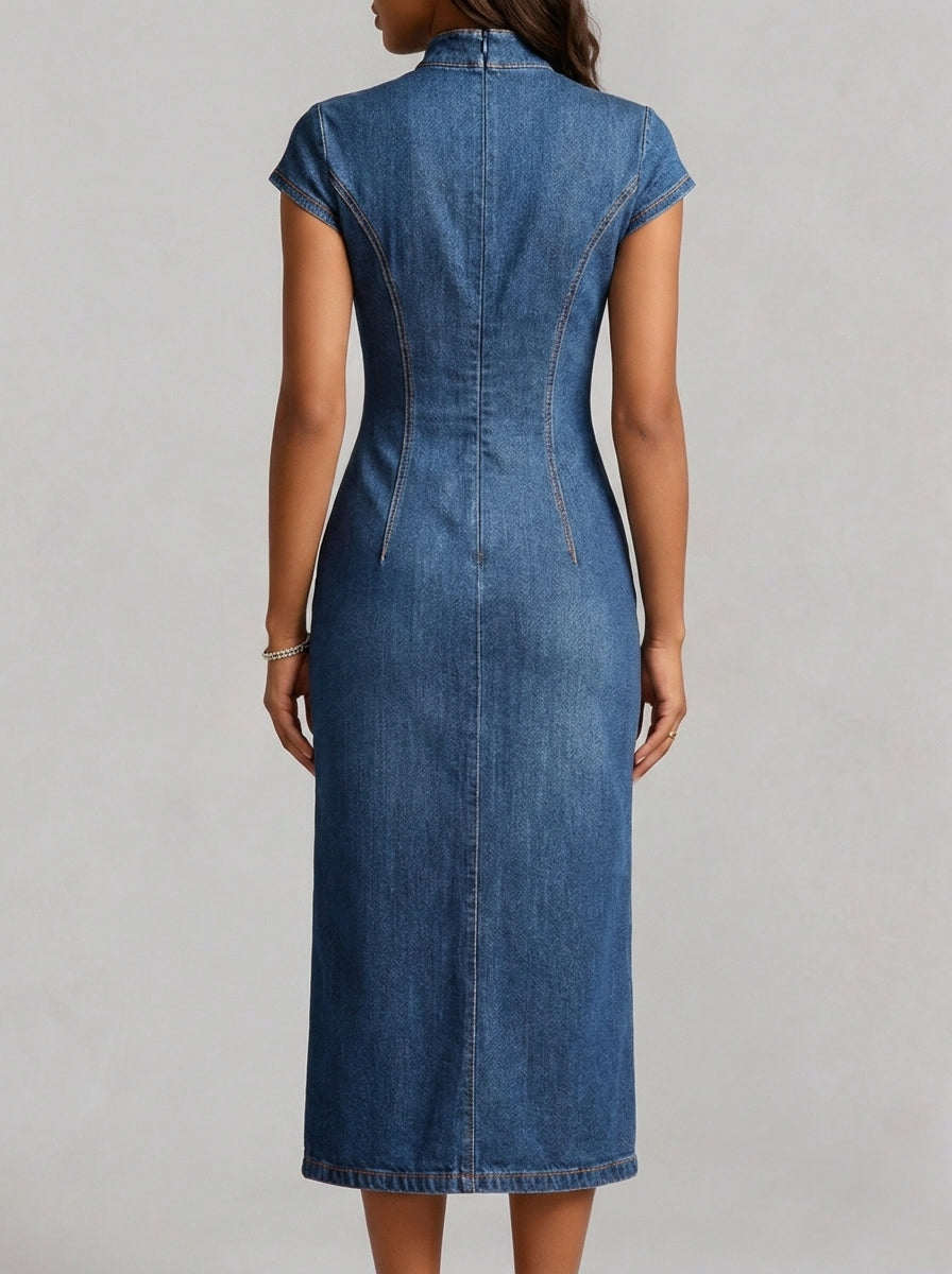 Stand Collar Diagonal Zipper Split Cap Sleeve Denim Midi Dress