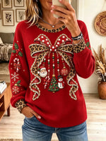 Women's Leopard Bow Holiday Ornament Graphic Waffle Top