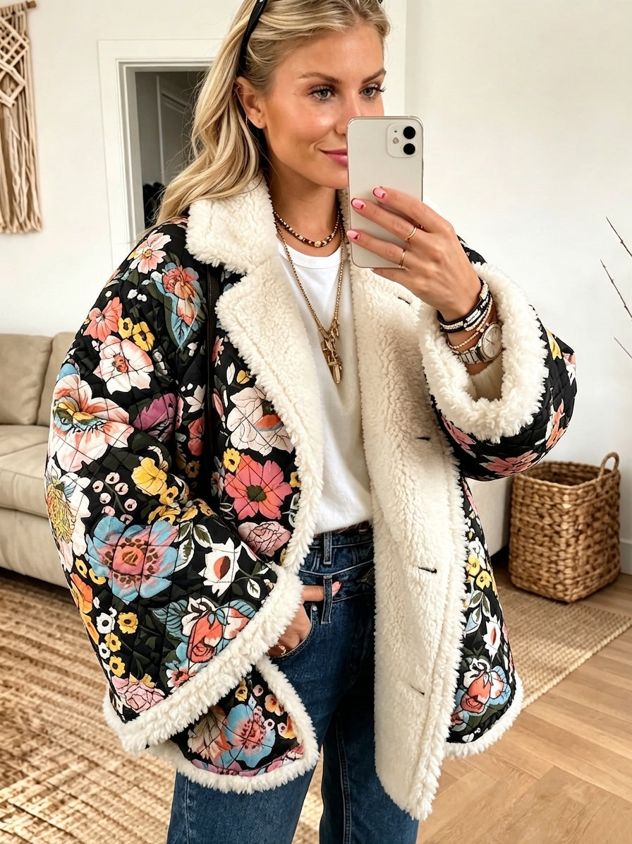 Women Floral Quilted Sherpa Trim Jacket, Lapel Button‑Up Fleece Lined Oversized Winter Coat