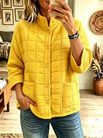 Women's Yellow Quilted Stand Collar Coat, Button Front Diamond Stitch Lightweight Jacket