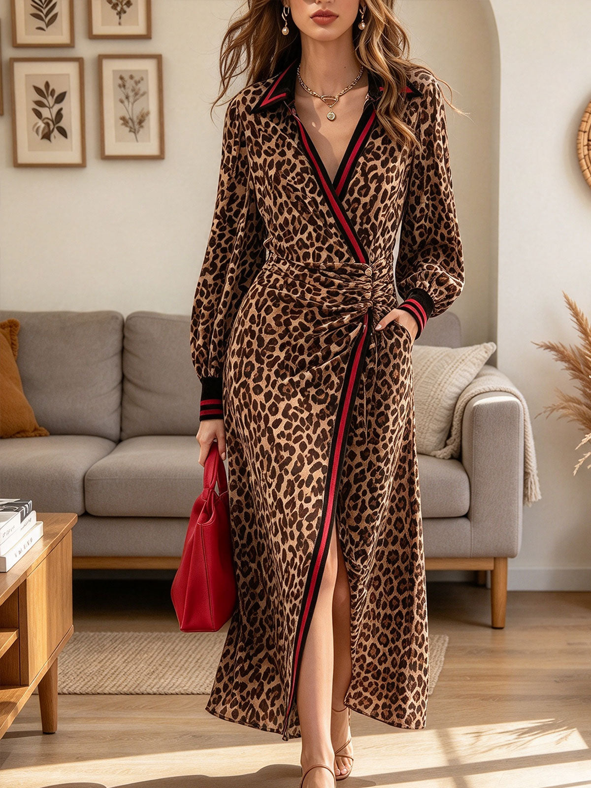 Women's Leopard Print Wrap Midi Dress with Contrast Striped Trim