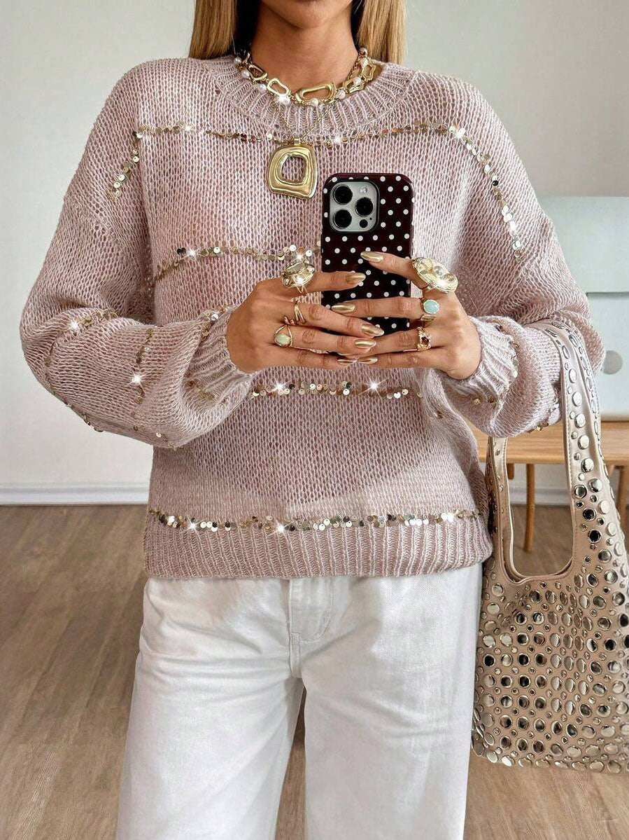 Women's Sequin Striped Open-Knit Slouchy Sweater