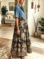 Women's Denim Yoke Floral Maxi Dress