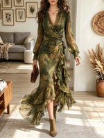 Women's Ruffled Hem Floral Wrap Maxi Dress