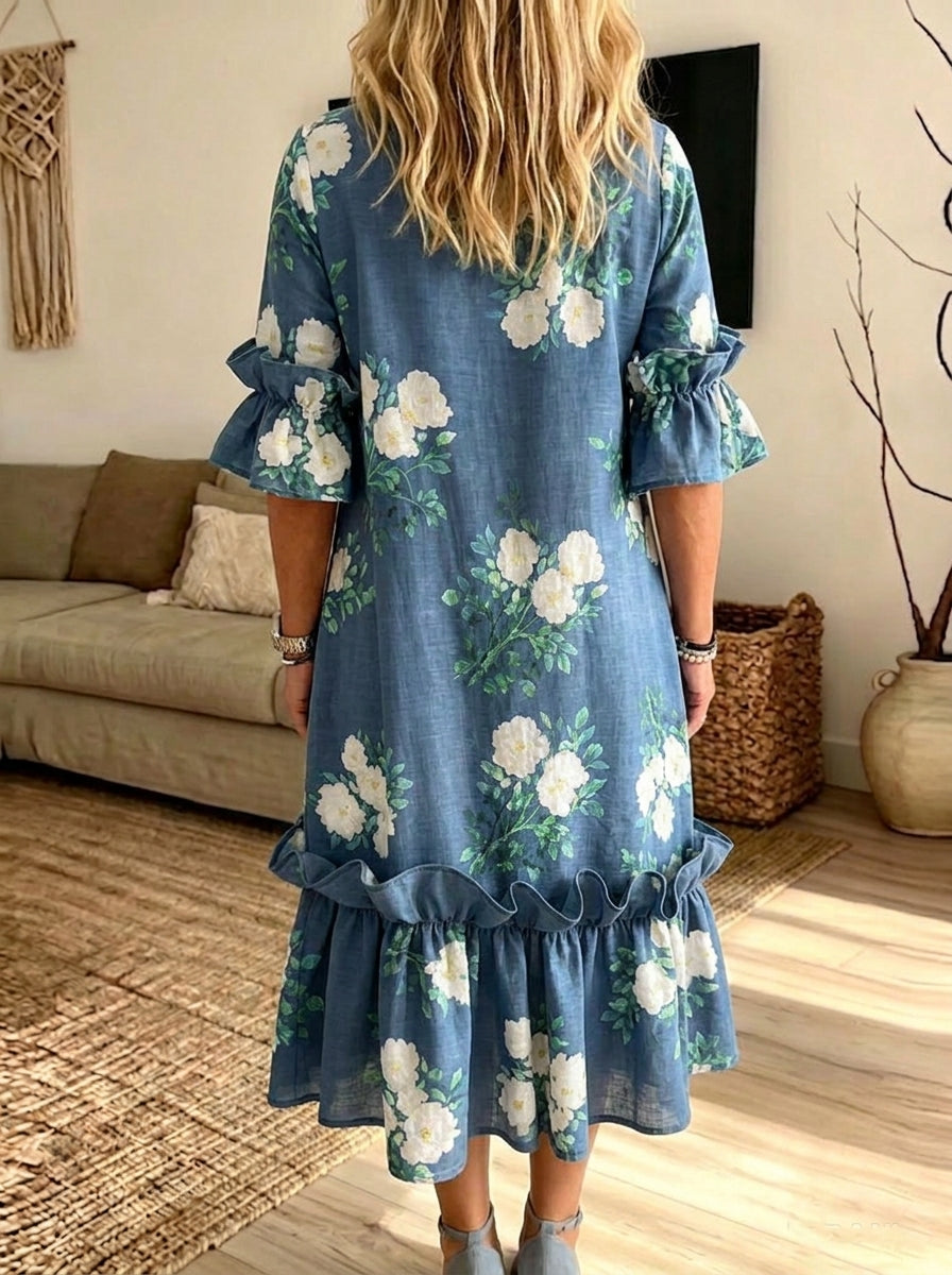 Blue Floral Print Ruffle Sleeve Midi Dress With Pockets