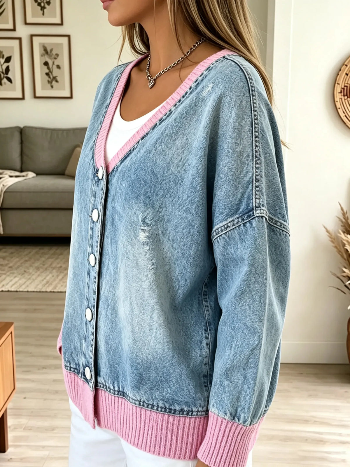 Women's Ribbed Trim Oversized Denim Cardigan