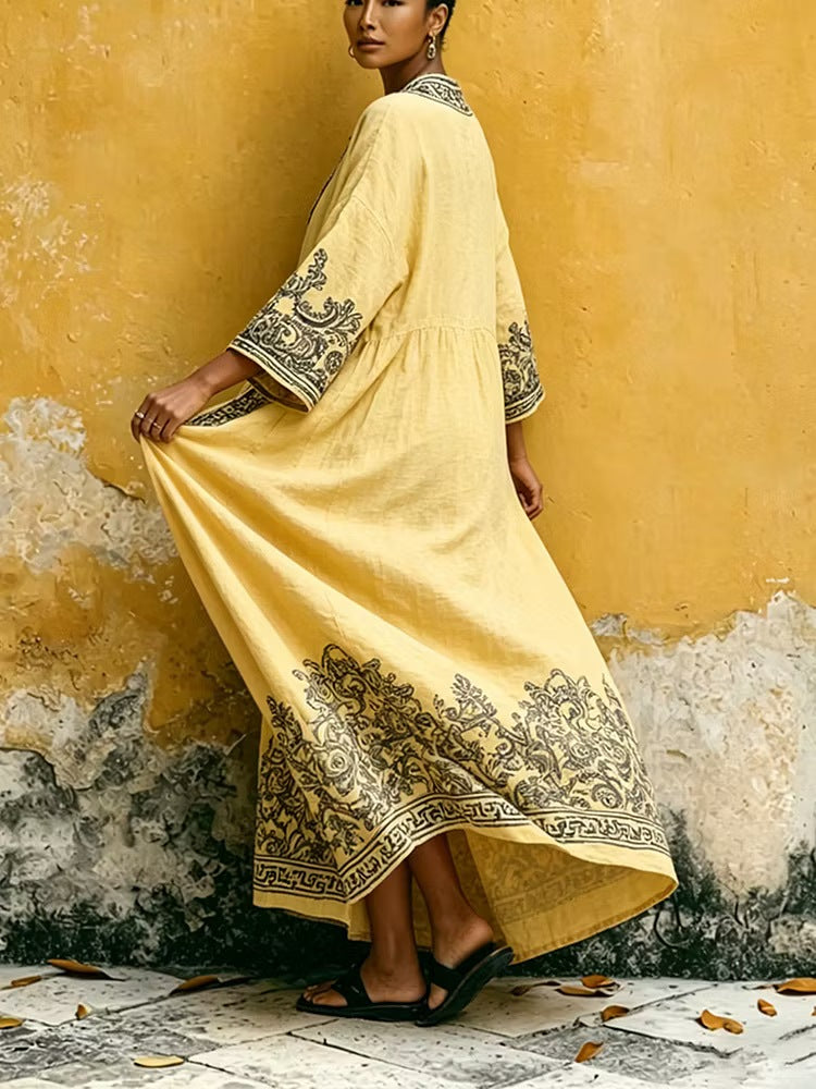 Women Boho Printed Open Front Maxi Kimono Cover Up With Pockets