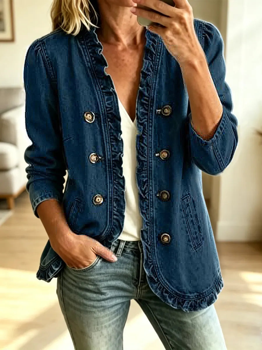 Retro Ruffle Solid Color Button Art Casual Stylish Long Sleeve Denim Coat