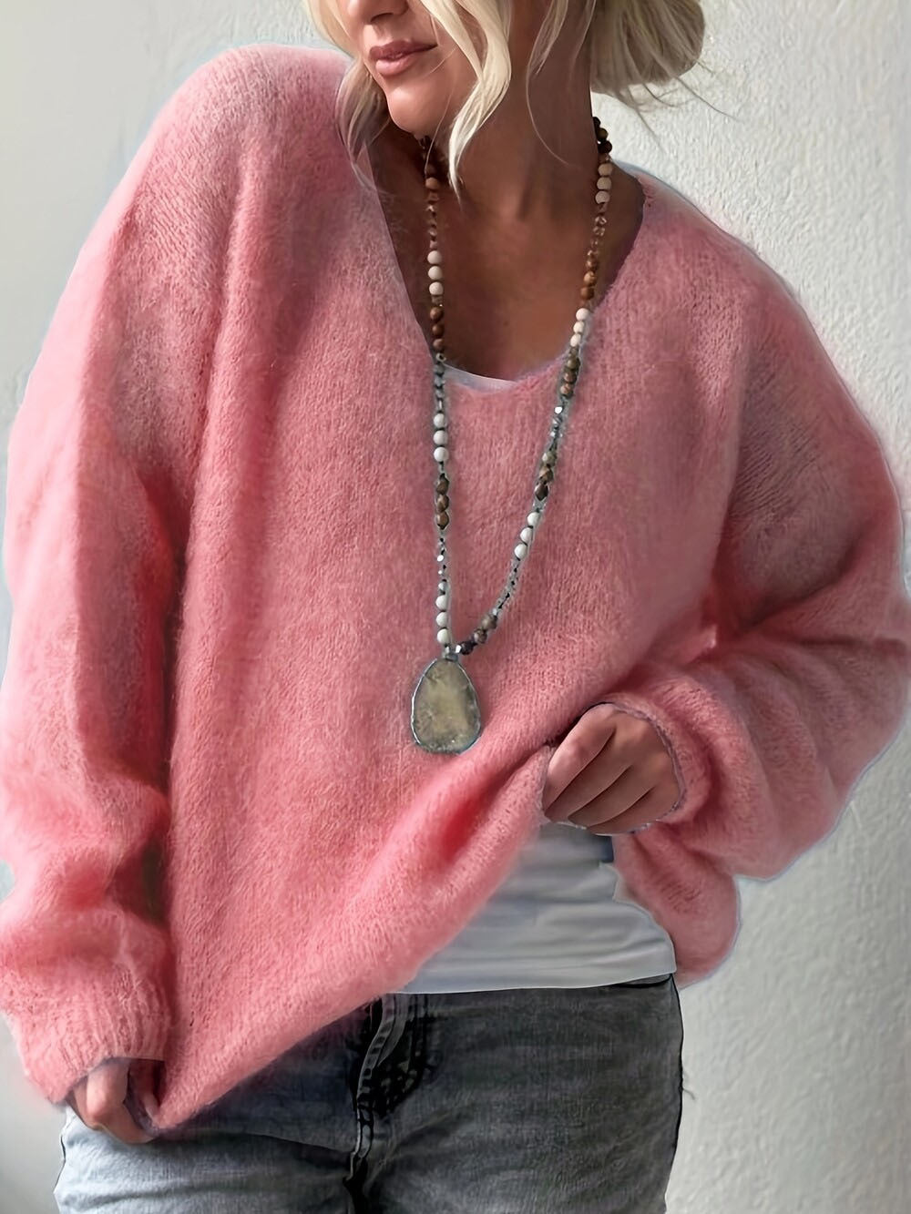 Women Sky Blue Fuzzy V‑Neck Oversized Long Sleeve Knit Sweater