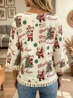 Women's Vintage Santa Print Tassel Fringe Tunic Blouse