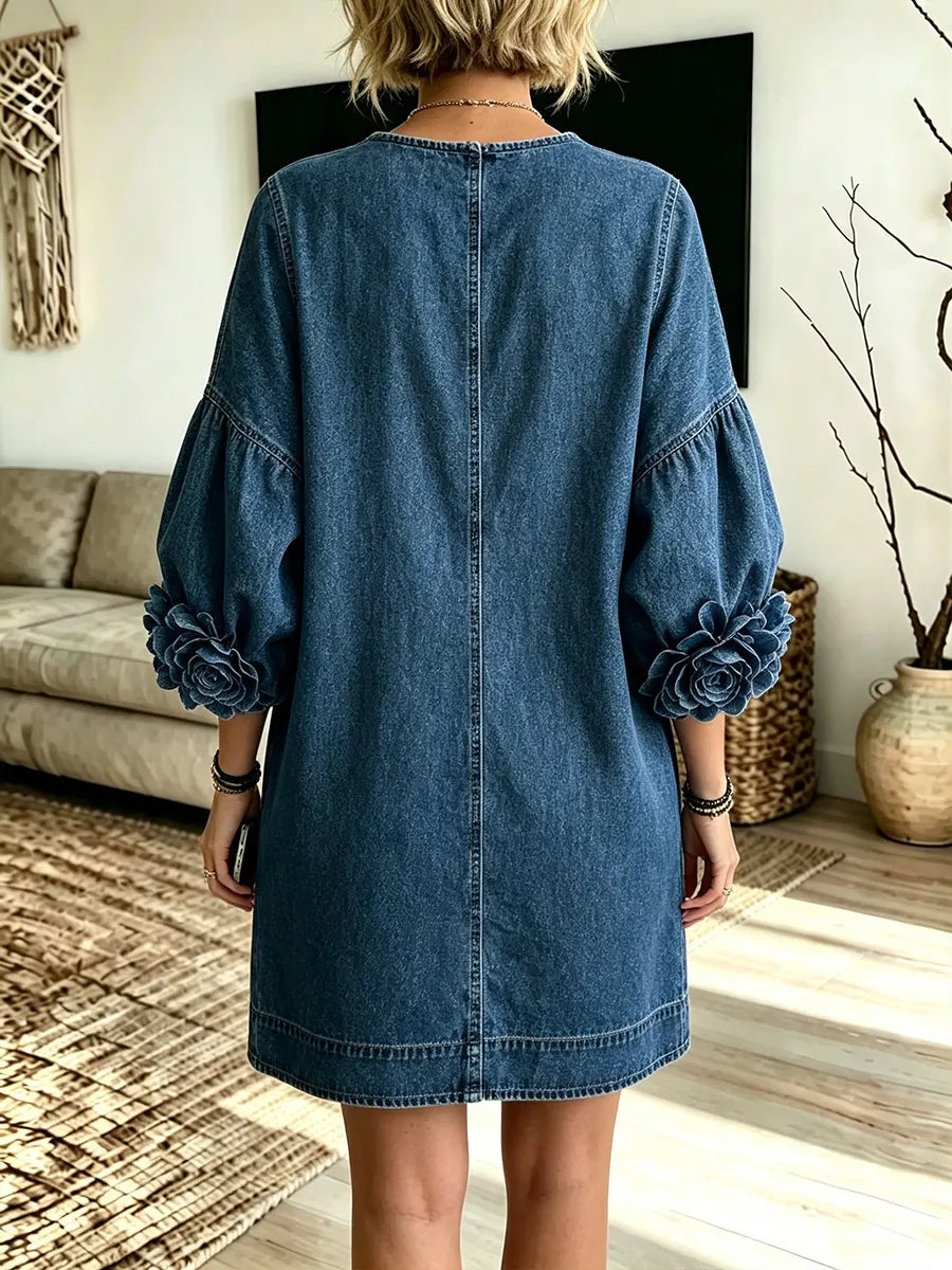 Women's Crew Neck Button Down Loose Short Denim Shift Dress