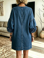 Women's Crew Neck Button Down Loose Short Denim Shift Dress