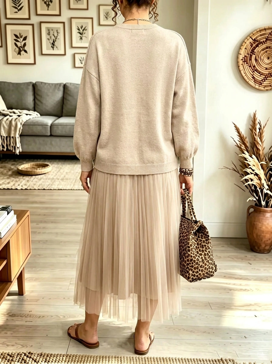 Women's Zipper Accent Sweater Tulle Midi Dress