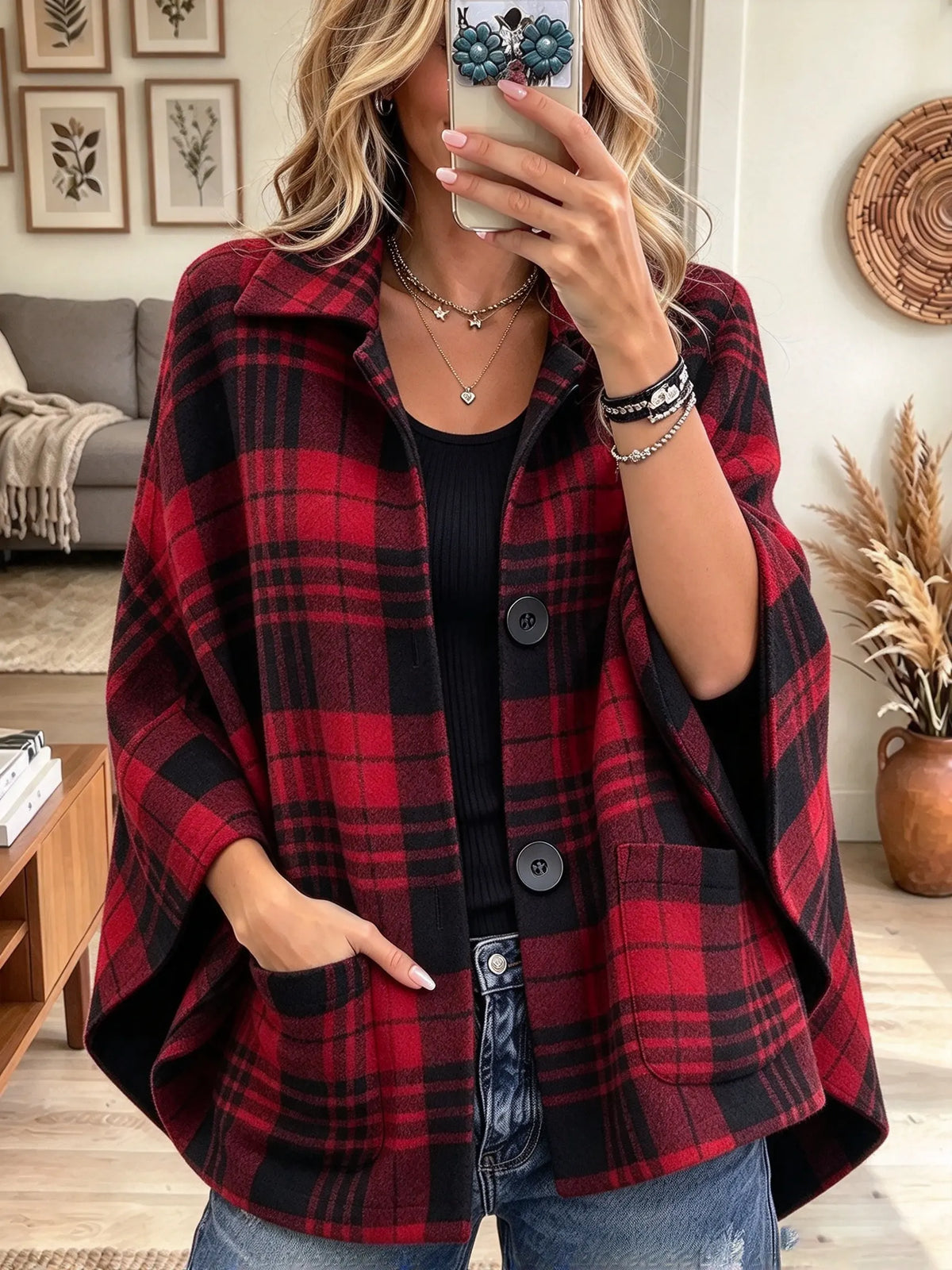 Women's Plaid Flannel Buttoned Pocket Poncho Cape