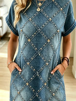 Retro Diamond Pattern Art Casual Stylish Short Sleeve Denim Mini Dress