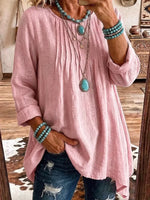 Solid Color Round Neck Art Casual Long Sleeve Cotton Linen Shirt