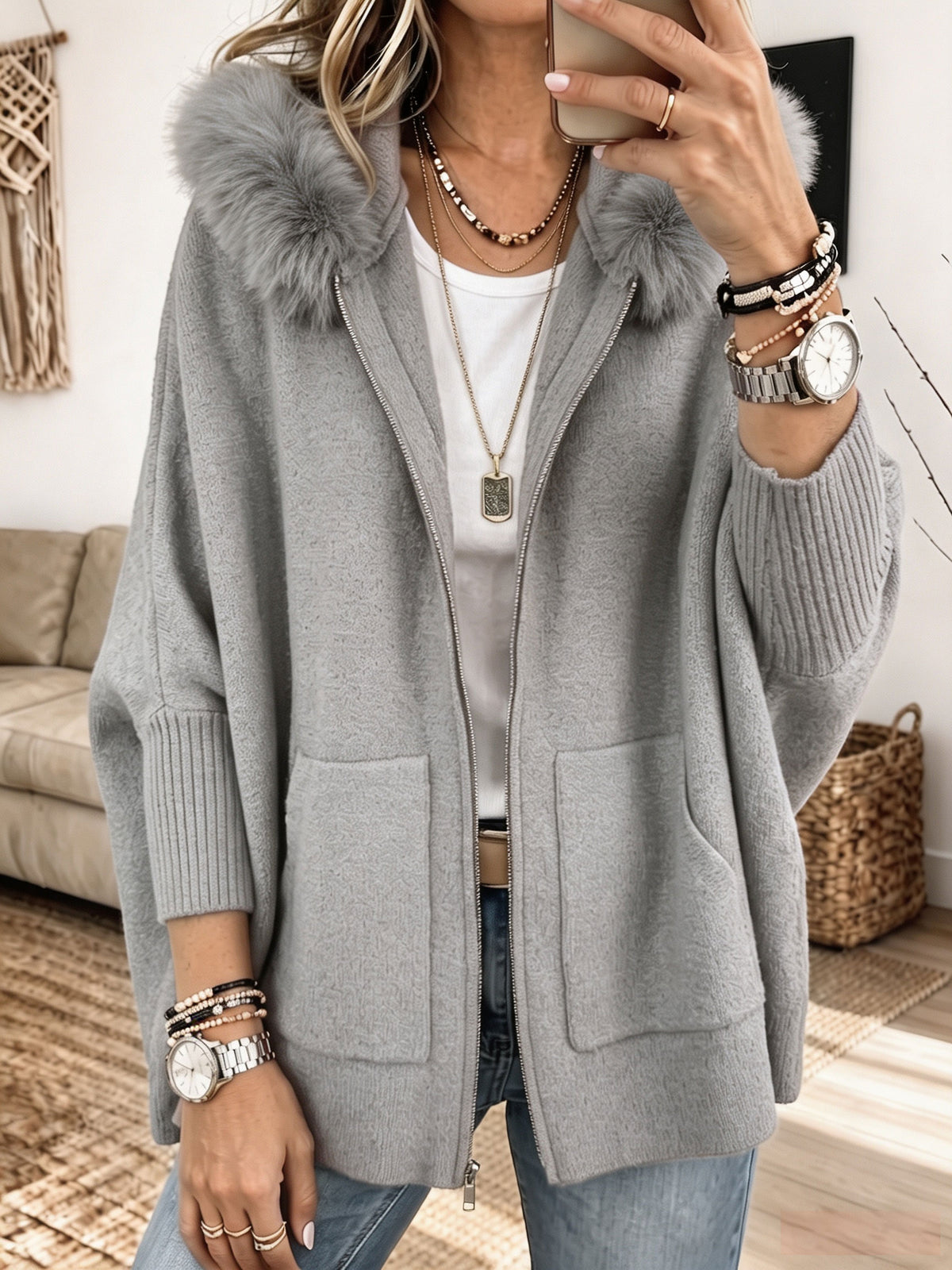 Women Furry Hood Zip‑Up Knit Cardigan, Oversized Cozy Knitted Jacket With Pockets