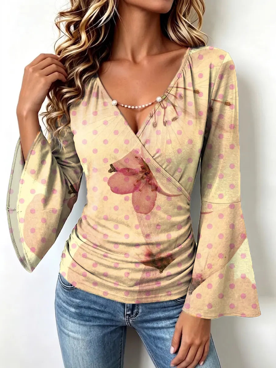 Retro Floral Polka Dot Pattern Art Print Casual Stylish Cotton V Collar Shirt