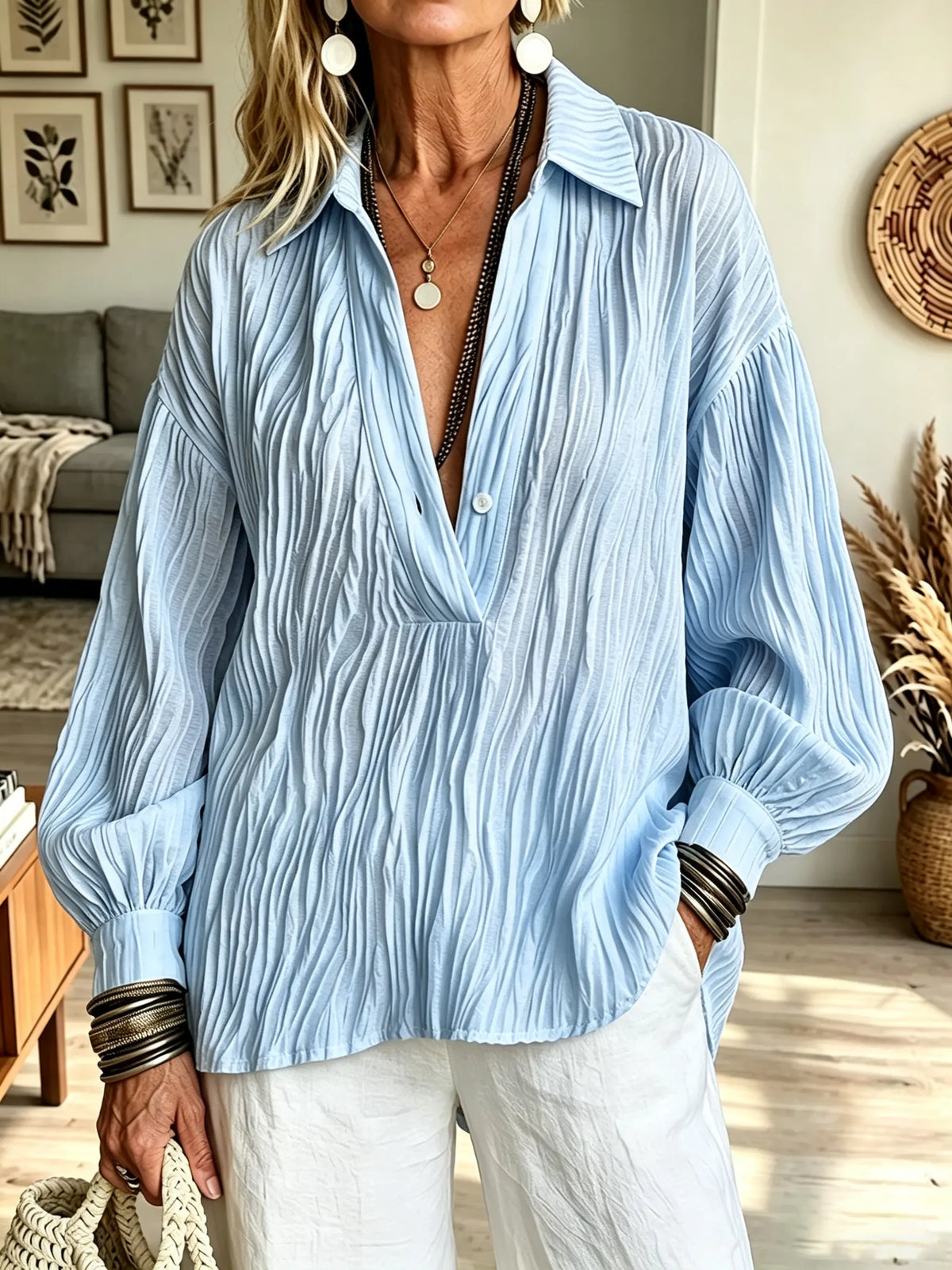 Women's Crinkle Pleated Deep V-Neck Blouse