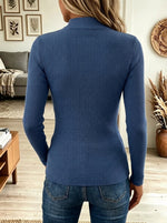 Blue Ribbed Knit Mock Neck Asymmetric Zipper Studded Top