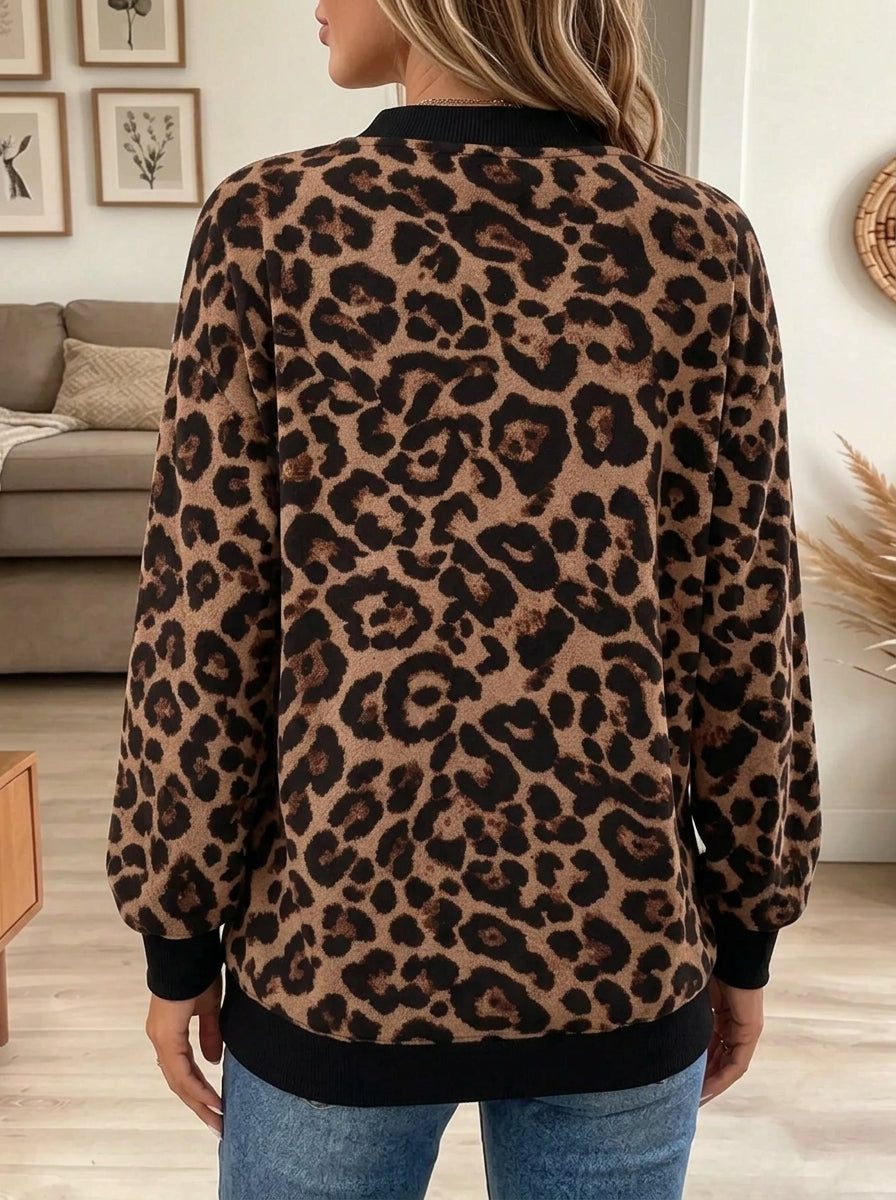 Women's Leopard Half-Zip Ring Pull Sweatshirt