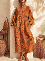 Retro Floral Pattern Art Print Casual V-neck Cotton Linen Maxi Dress
